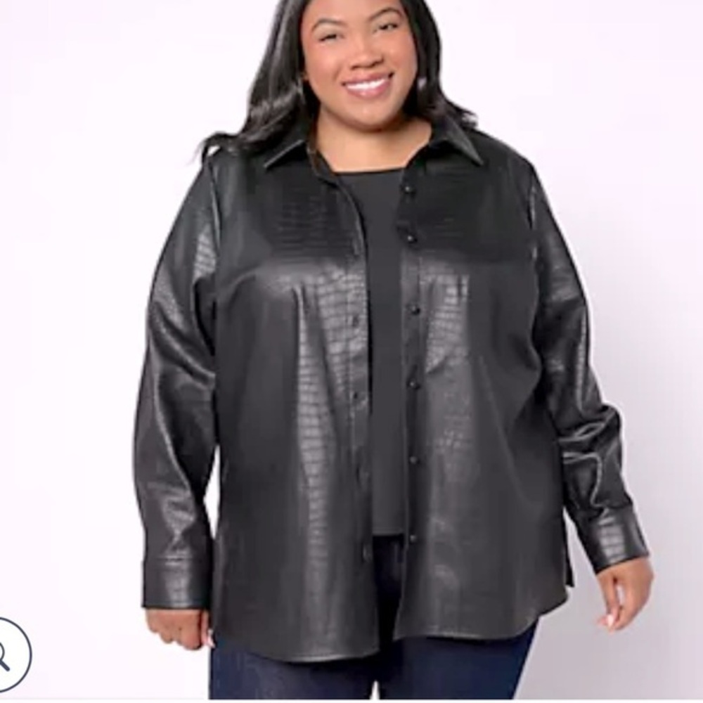 🦌🥑Dennis Basso QVC Faux Crocodile Leather Shirt | Black Moto Shacket | XL